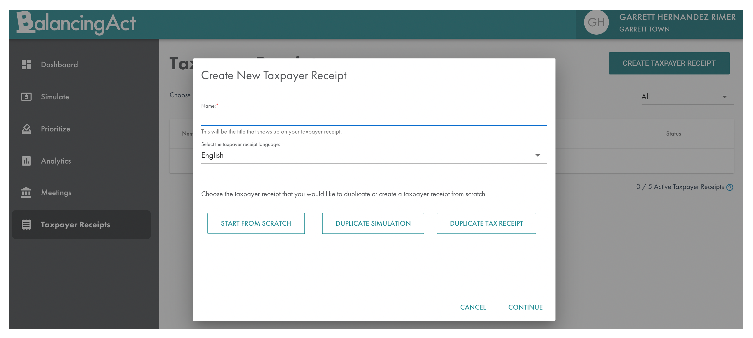 Balancing Act create new taxpayer receipt - screenshot
