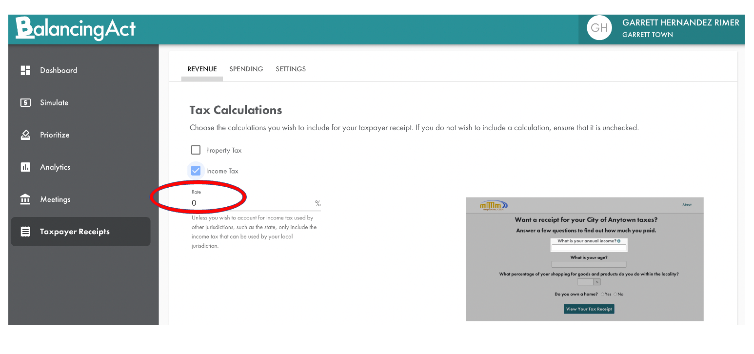 Balancing Act create taxpayer receipt income tax rate - screenshot