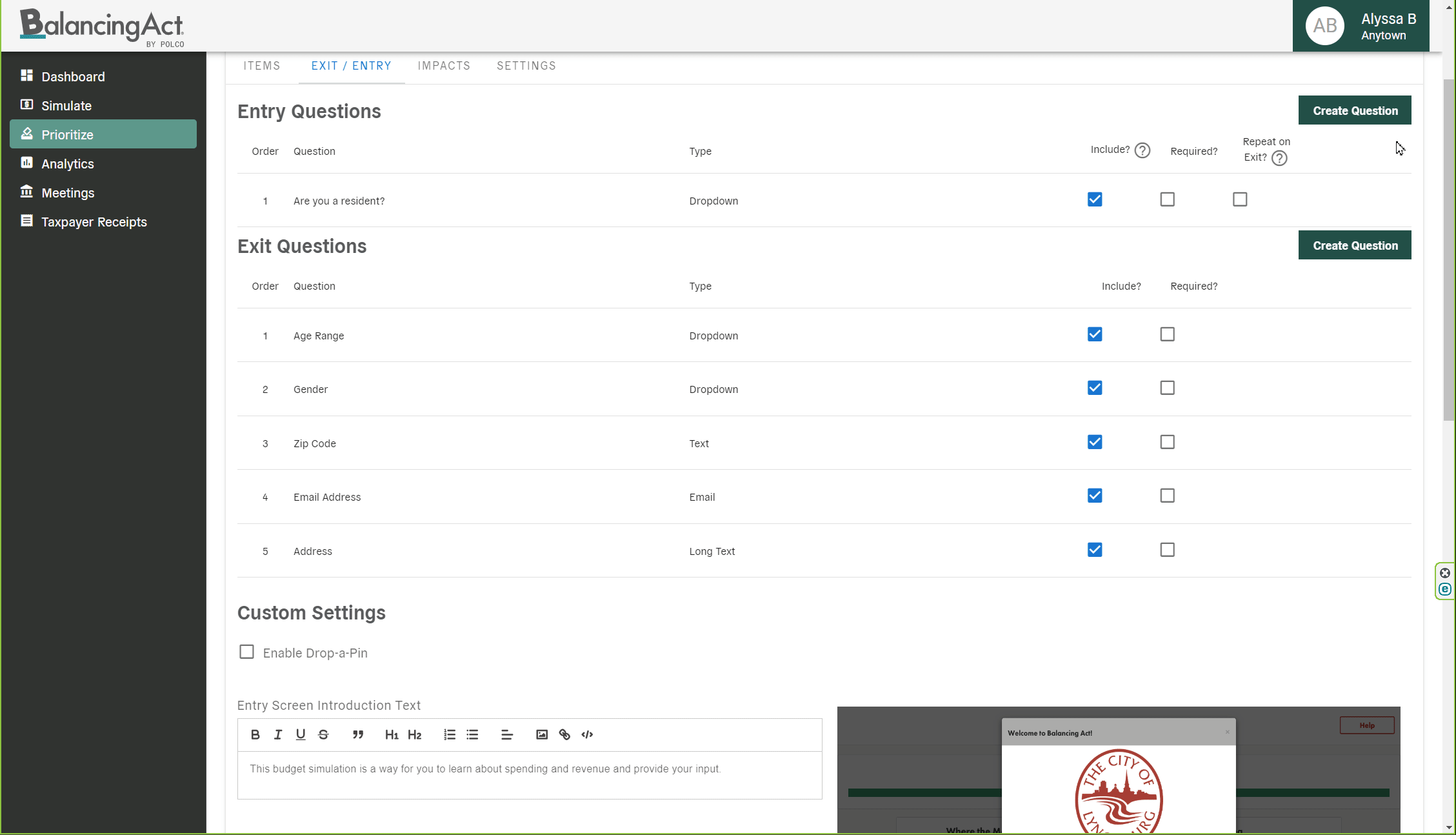 Balancing Act Prioritization entry exit questions create new - animated screenshot