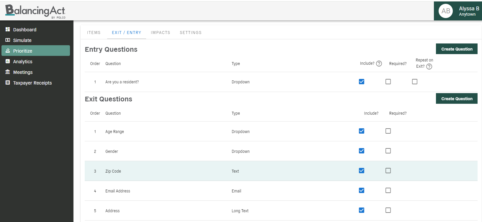 Balancing Act Prioritization entry exit questions - screenshot