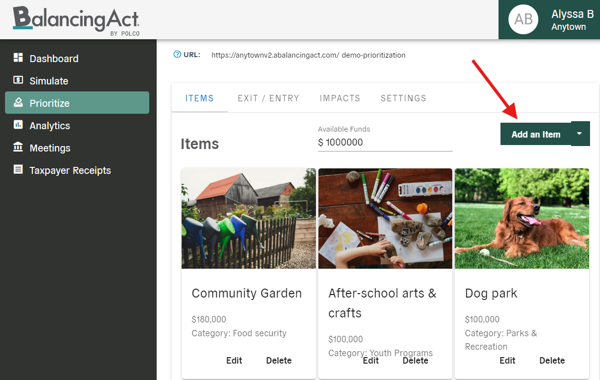 Balancing Act Prioritize add content add item - screenshot