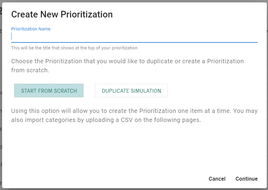 Balancing Act Prioritize create new modal - screenshot