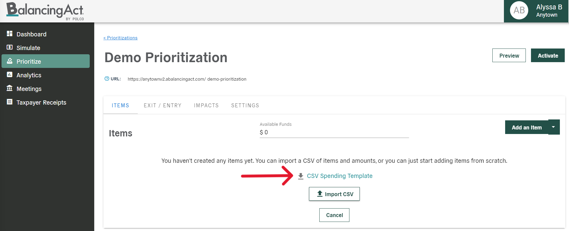 Balancing Act Prioritize CSV import - download template - screenshot