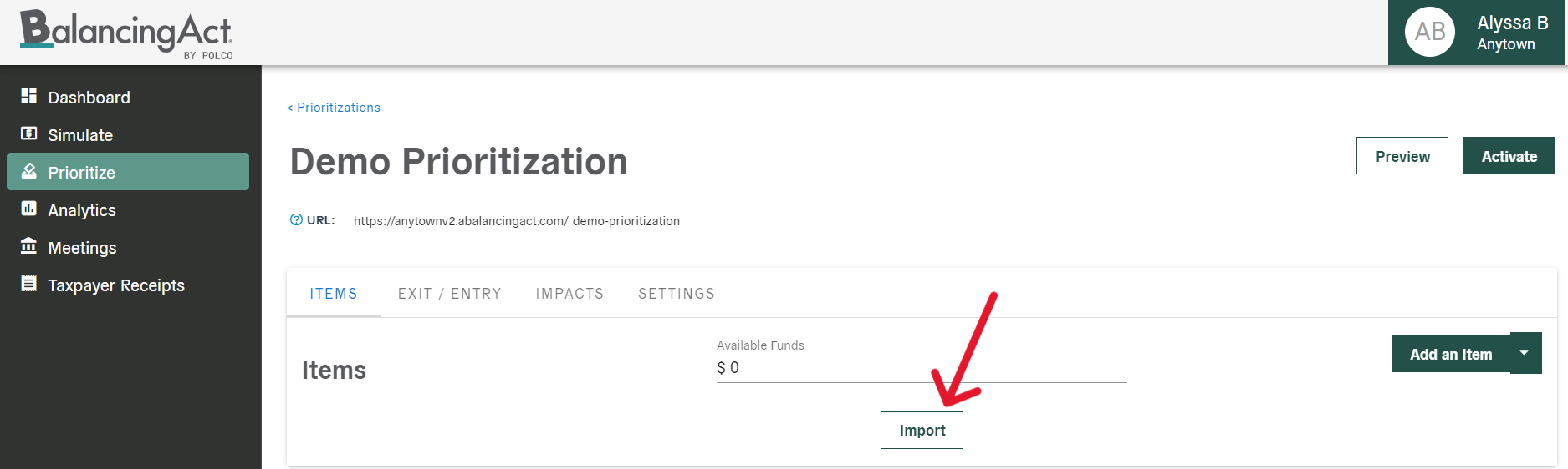 Balancing Act Prioritize CSV import - import button - screenshot