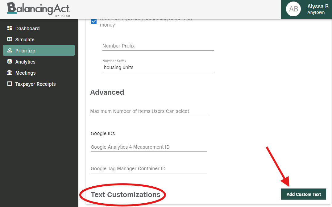 Balancing Act Prioritize text customizations add custom text - screenshot