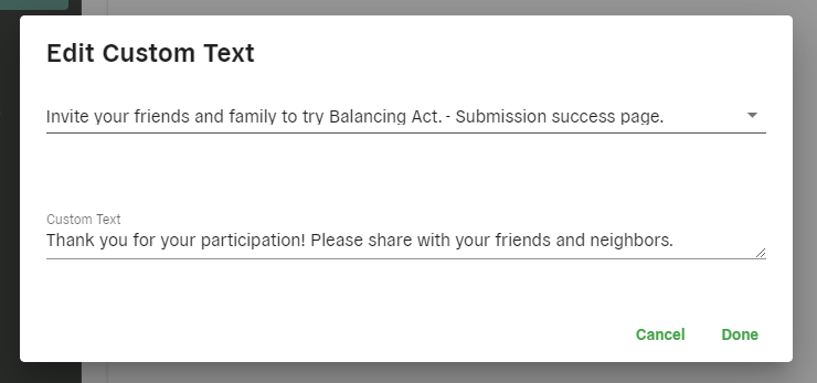 Balancing Act Prioritize text customizations edit text modal - screenshot