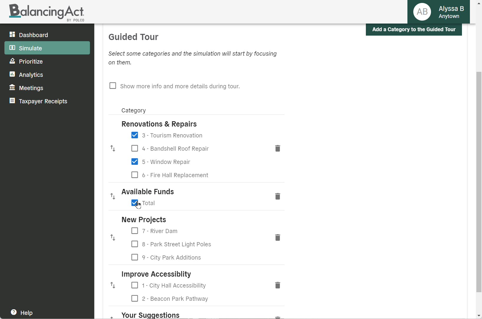 Balancing Act Simulate guided tour categories - animated screenshot