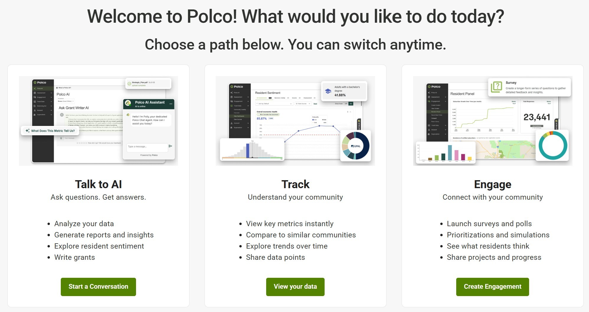 Polco App Homepage - Talk to AI, Track Data & Engage