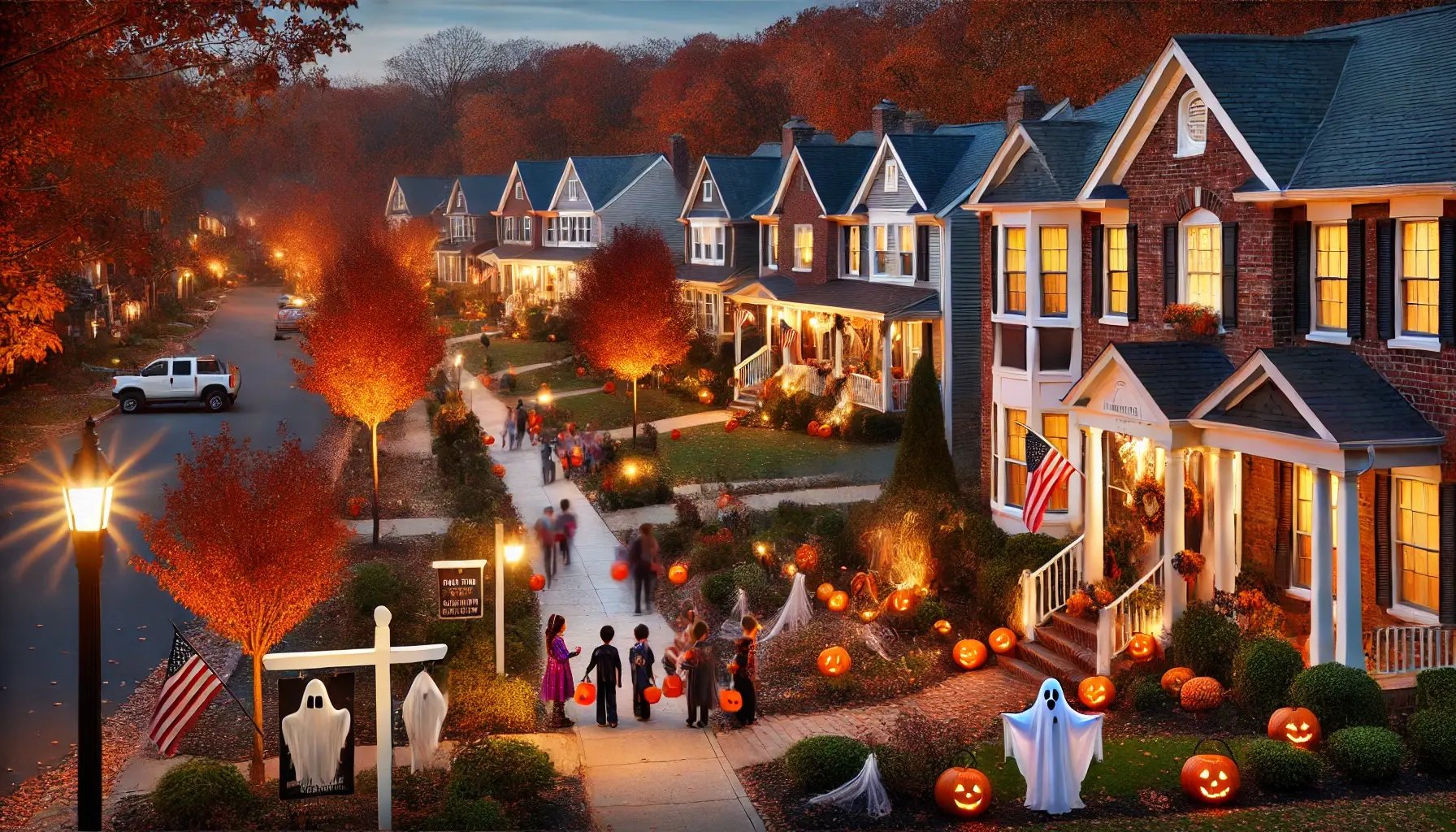 An autumn evening scene in with a close-knit, safe neighborhood decorated for Halloween. Houses are close together.