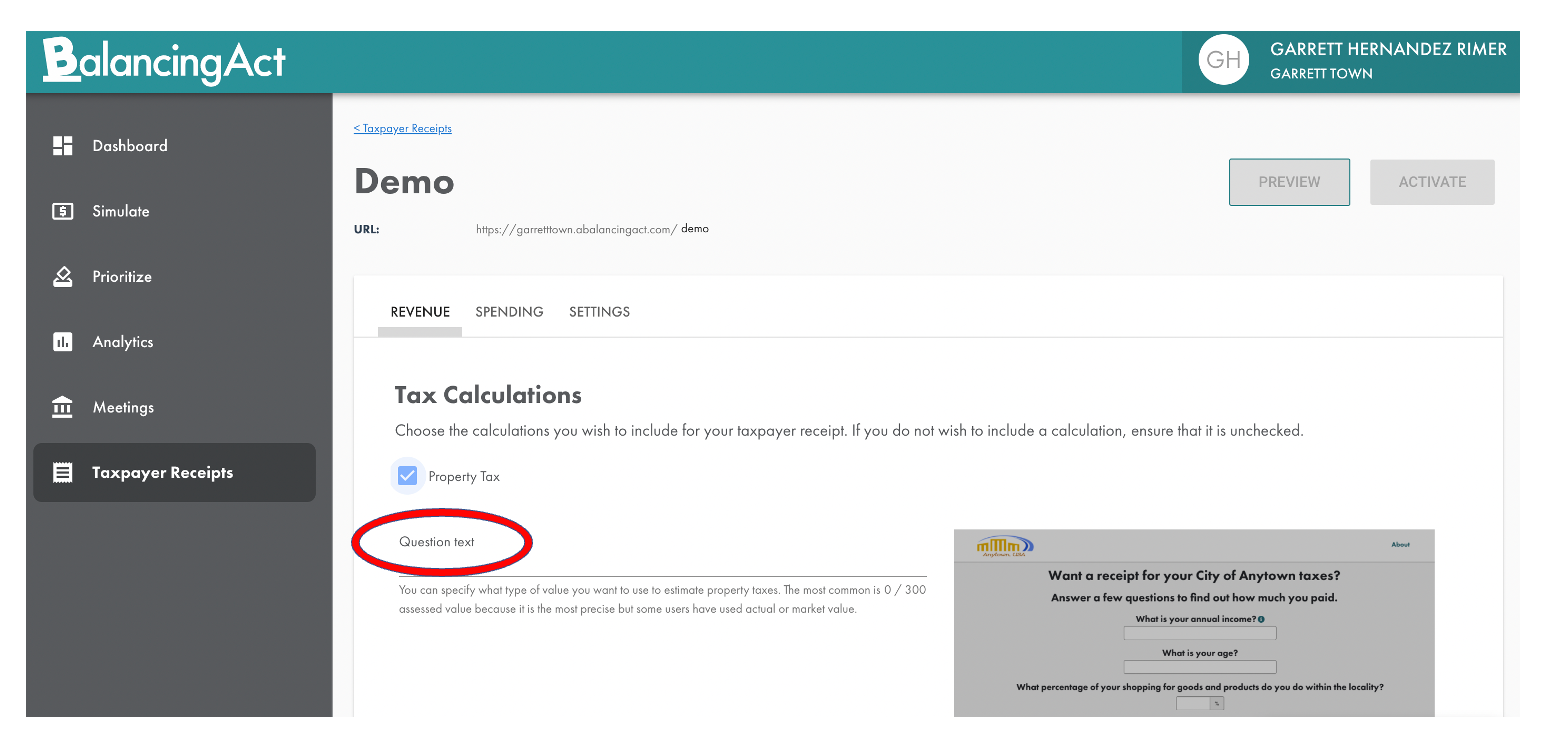 Balancing Act create taxpayer receipt question text - screenshot