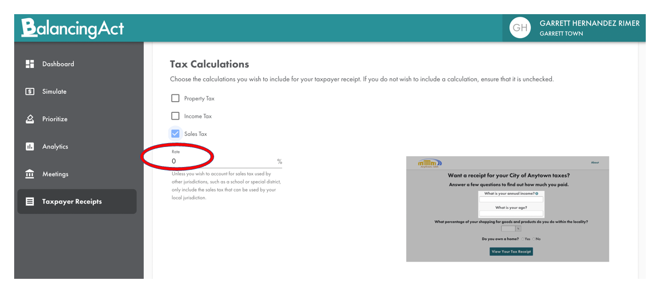Balancing Act create taxpayer receipt sales tax rate - screenshot