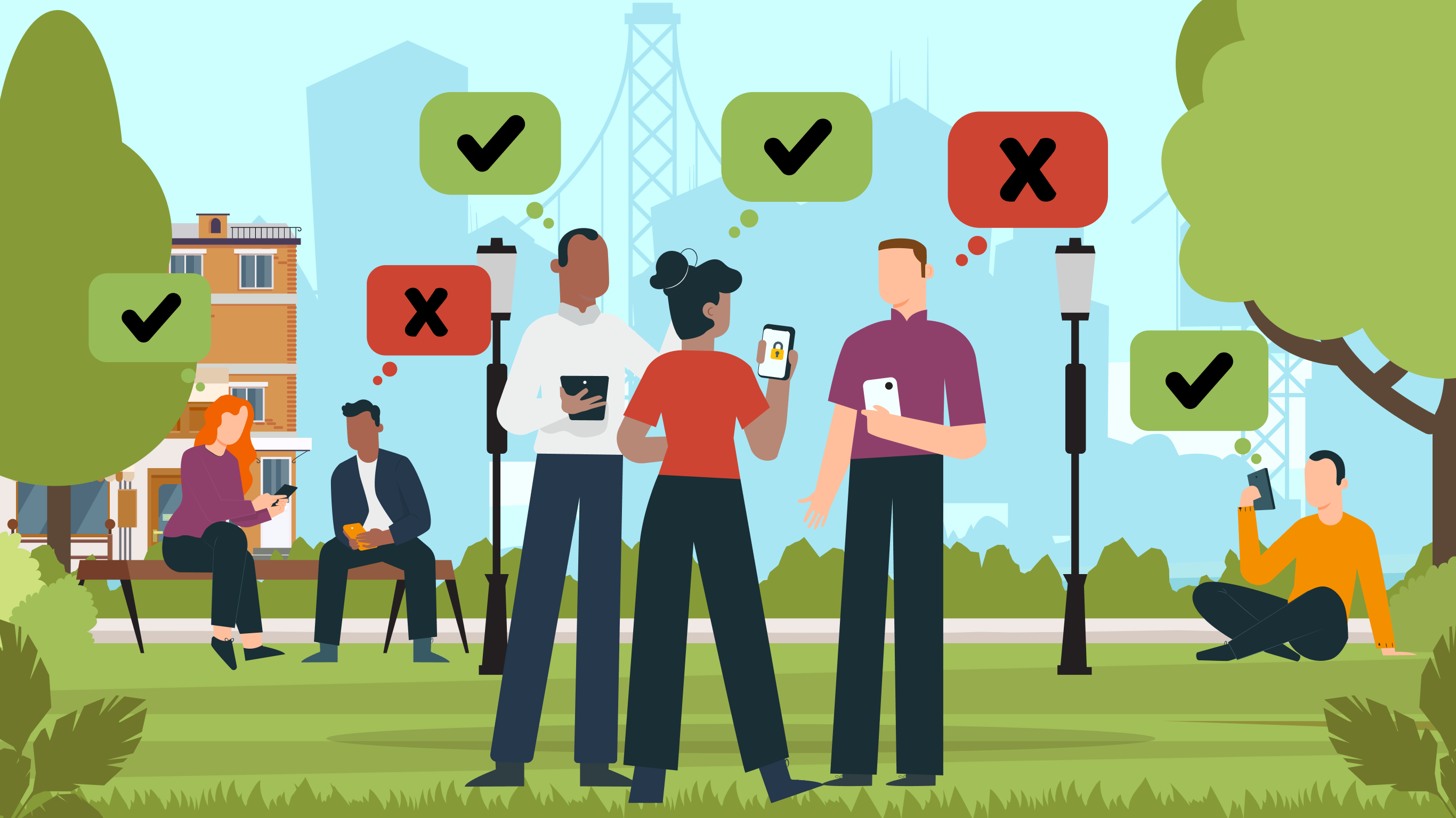 Men and women in a park discussing survey results