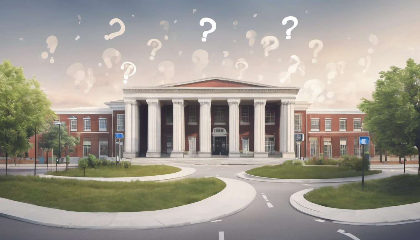 AI image of local government building surrounded by questions marks. AI in local government.