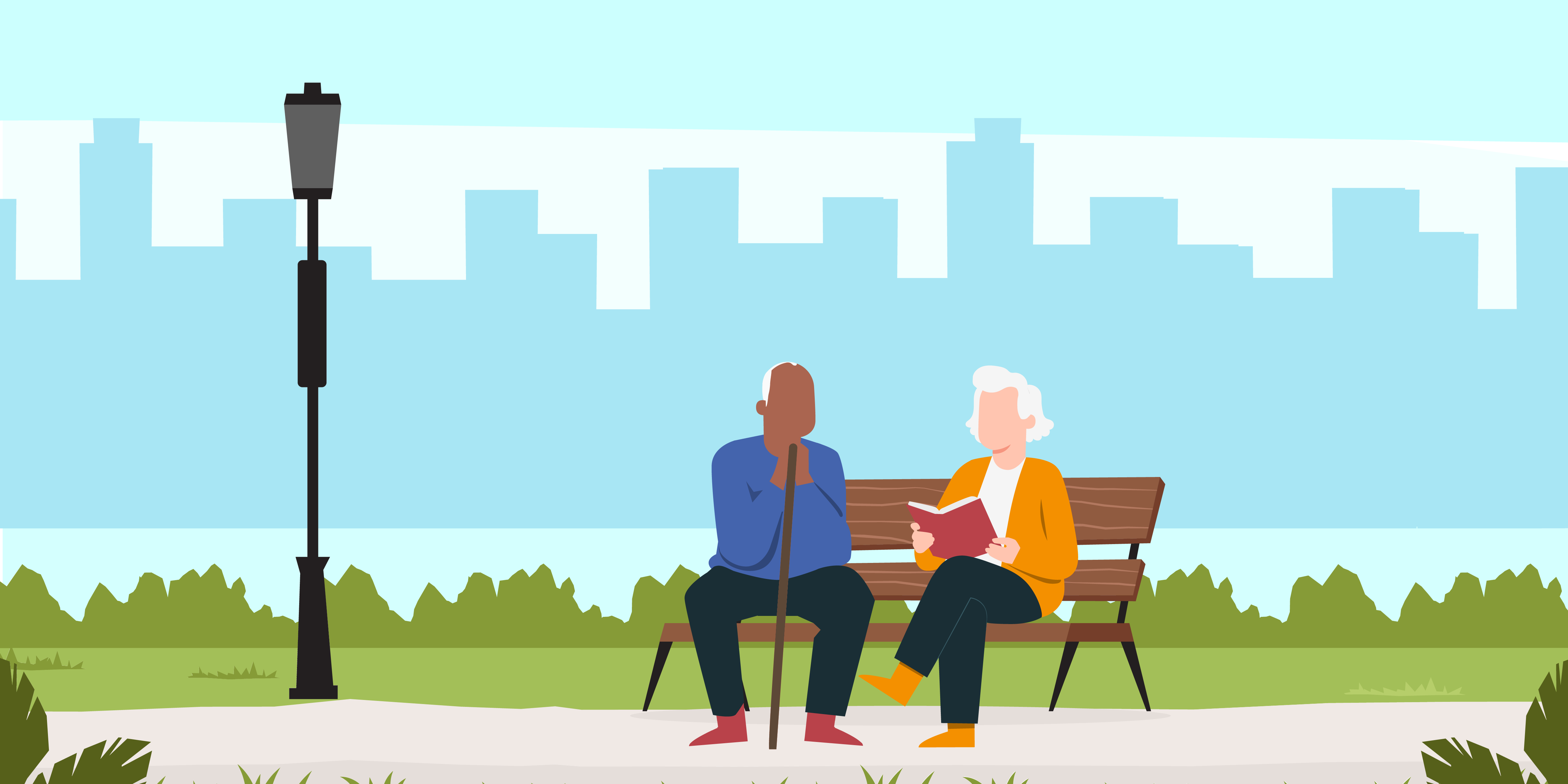 Two older people sitting on a bench