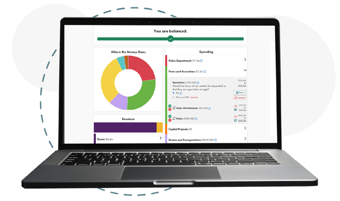 Polco's Budget Simulation Tool - screenshot in laptop with shapes