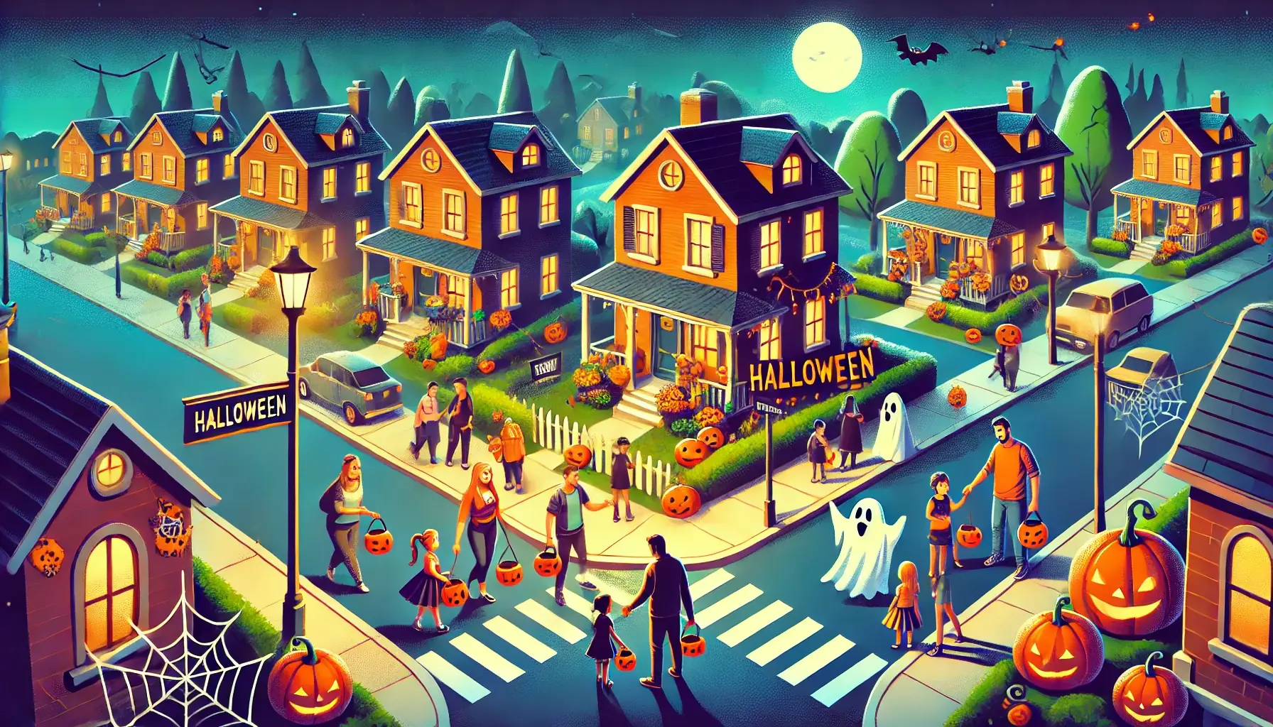 A vibrant Halloween-themed image capturing a neighborhood with children trick-or-treating in safe, walkable streets. Houses are close together