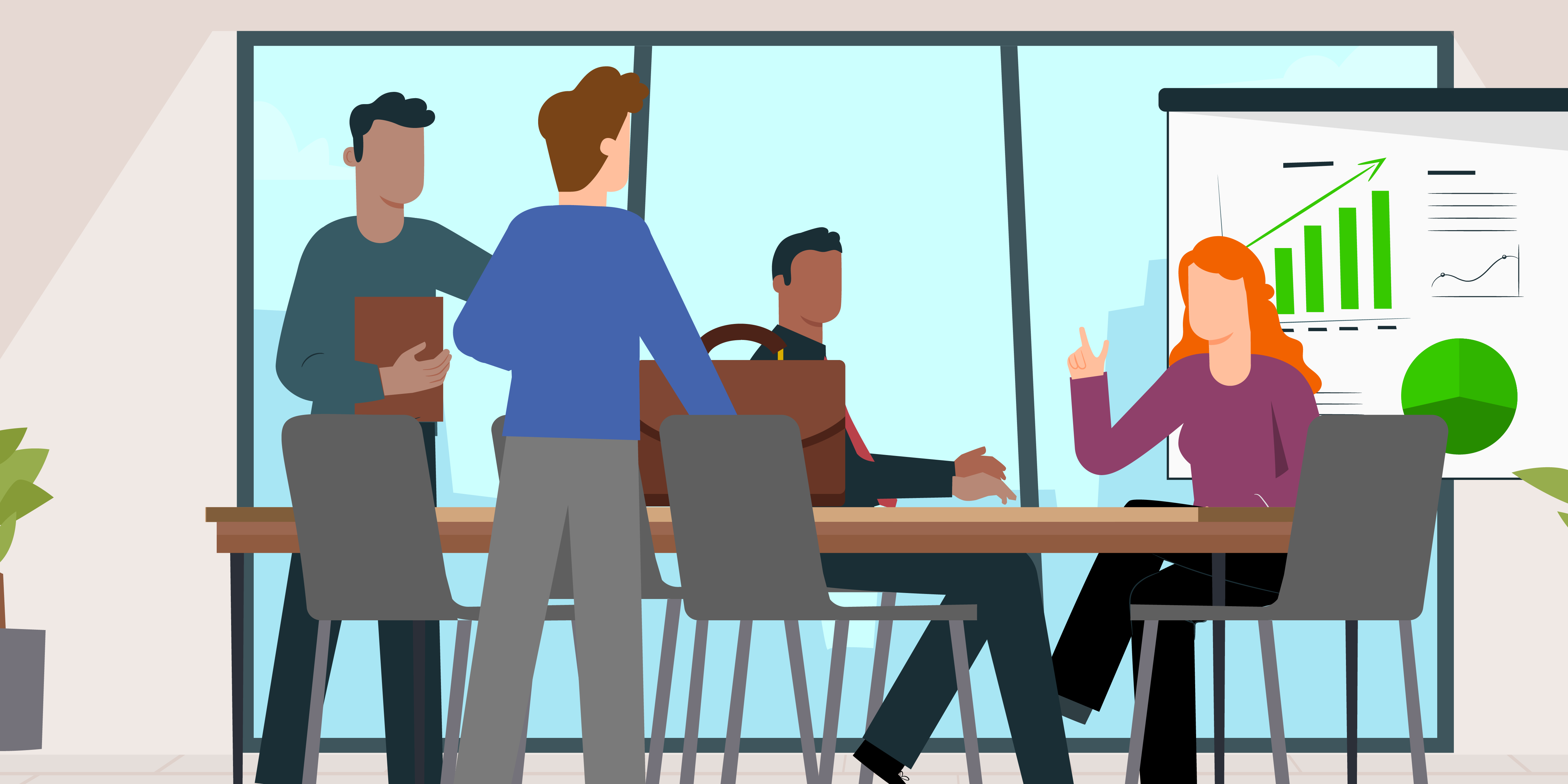 Men and women sitting at table discussing data