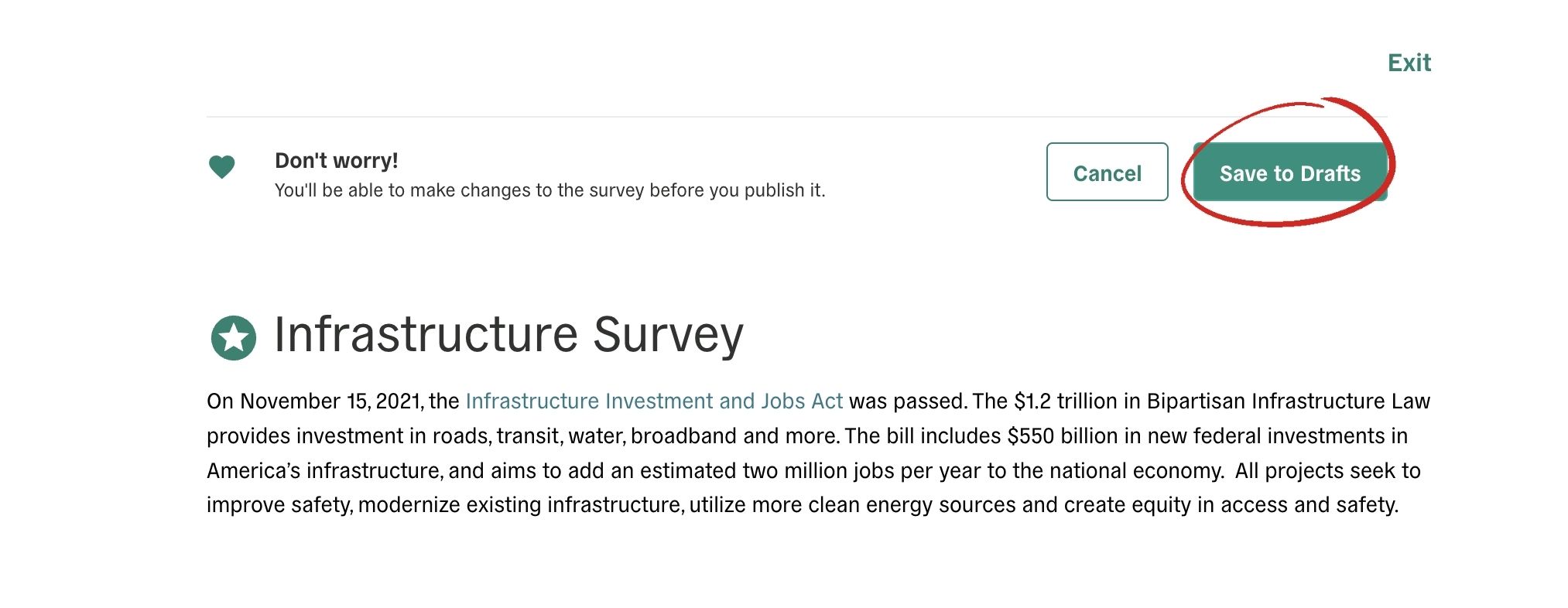 screenshot of how to save infrastructure survey to Polco profile
